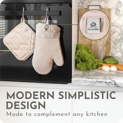 Extra Long Silicone Oven Mitts & Potholders Set - Heat Resistant 500°F Kitchen Gloves with Pot Holders, BPA-Free Waterproof Baking Mitts, Non-Slip Grip, 4-Piece Set, Milkshake