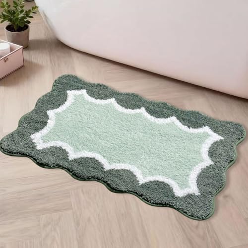 Wylumen Scalloped Green Bathroom Rugs Mat,Non Slip Absorbent Quick Dry Bath Mats for Shower Room,Plush Microfiber Bath Mats for Bathroom Floor Washable Carpet for Shower Tub Sink Bedroom,20