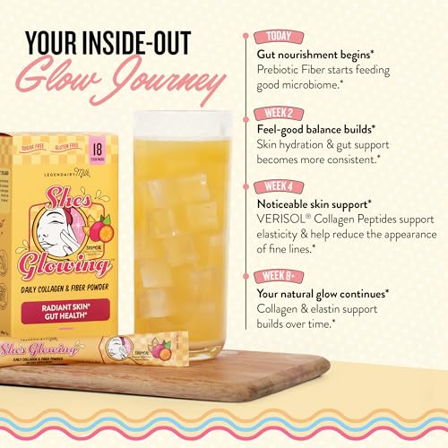 Image of Legendairy Milk She's Glowing Collagen Peptides Powder with Prebiotic Fiber, Tropical Drink Mix Supplement for Women, Digestive Support & Daily Wellness, 18 Stick Packs