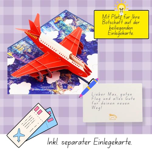 DORAFIORA® 3D Pop-Up Karte Flugzeug – Reisegutschein Karte | Pop Up Abschiedskarte für Kollegen, Freunde & Familie | Glückwunschkarte Urlaub & Abenteuer | Geburtstagskarte inkl. Umschlag