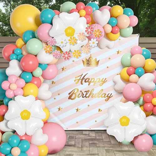 Image of Ouddy Life 161pcs Daisy Baby in Bloom Balloon Arch Kit, Groovy Party Decor | Pastel Pink Yellow Orange Blue Green Balloons Daisy Banner for Baby Shower Groovy Boho Birthday Spring Party Decorations