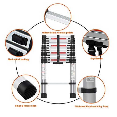 SUNCOO 12.5 FT Extension Ladder, Lightweight Aluminum Telescoping Ladders, Easy Retraction Anti-Slip Telescopic Extendable Climb Attic Ladder with Spring Loaded Locking Mechanism, 330 lbs Capacity