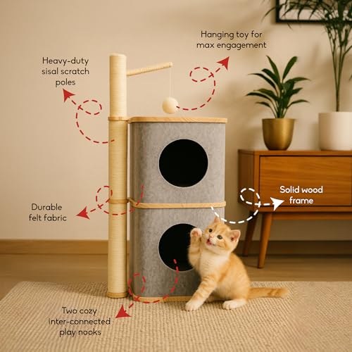 Image of Nara Cat Tower with Scratching Post - Dual-Level Cat House Condo with Felt Hideouts, Sisal Scratch Pole & Hanging Toy - Minimalist Cat Tree for Indoor Cats