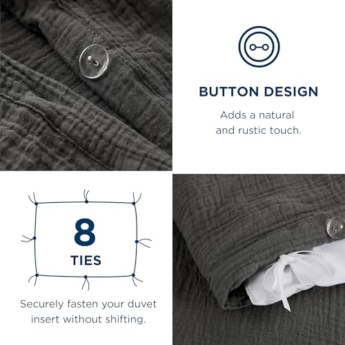 Image of Bedsure 100% Muslin Cotton Duvet Cover Queen Size - Ultra-Soft Gauze Duvet Cover, PureWoven Breathable & Lightweight Bedding Set with Button Closure and Corner Ties (Dark Grey, Queen, 90 inchx90 inch)