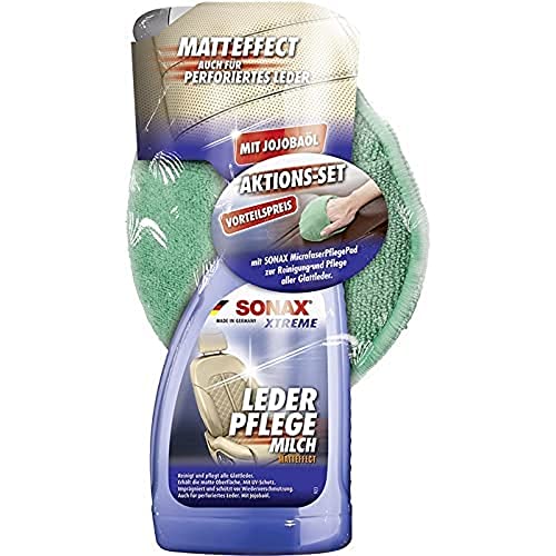 SONAX Xtreme LederPflegeMilch (500 ml) mit MicrofaserPad (1 Stück) AktionsSet zur Reinigung und Pflege von glattem Echt- & Kunstleder | Art-Nr. 02547410