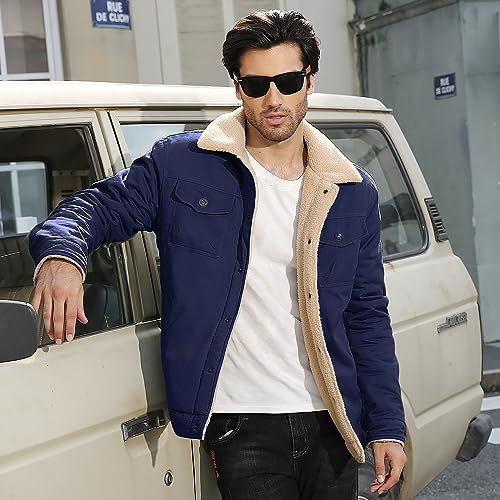 Image of Mens Winter Jacket Thick Thermal Cotton Warm Fleece Lined Sherpa Jacket Trucker Lapel Work Cargo Jackets Coat Outerwear