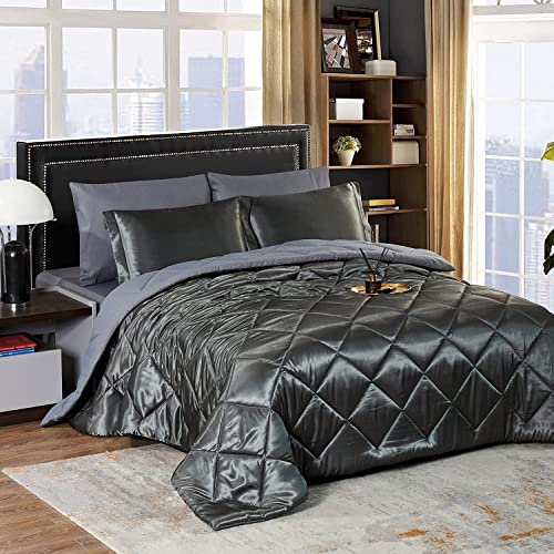 Haok Satin Cal King Comforter Set Luxury 8-Pieces Comforter Set, Silky Satin Bed Set, Cal King Size Comforter Set With Bed Sheets- 2 Pillowcases, 2 Shams & 1 Bed Skirt, Satin Comforter Set Dark Grey #TOP6