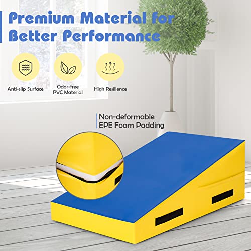 Giantex Cheese Mat For Gymnastics, Folding And Non-Folding Incline Gymnastics Wedge Mat For Kids Girls Home Training Exercise, Gymnastics Tumbling Mat, Blue/Yellow (37''X23''X14'') #TOP4