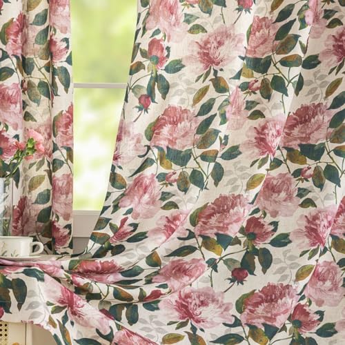 Image of ALIGOGO Pink Floral Linen Curtains for Kitchen, 2 Panels 50 inch W x 54 inch L