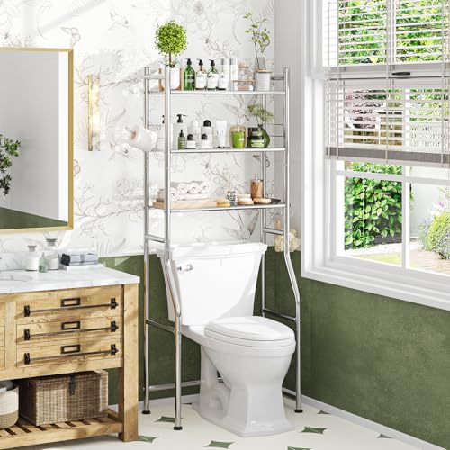 Image of Simple Trending 3 Tier Over The Toilet Rack, Bathroom Shelves with 4 Hooks and Paper Holder, Bathroom Stand Organizer Space Saver, Chrome