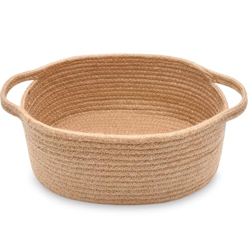Image of ABenkle Small Basket with Handles, Boho Decorative Rope Woven Dog Cat Toy Storage Bin Shelf Storage Organizer, Easter Christmas Gift Basket, 12 inchx8 inchx5 inch