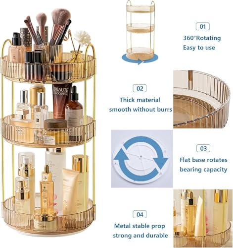 Image of 360 Rotating Makeup Organizer, Bathroom Make Up Spinning Holder Rack, Large Capacity Cosmetics Storage Vanity Shelf Countertop, Fits Cosmetics, Perfume, Skincare, Lipsticks (Amber, 3 Tier)