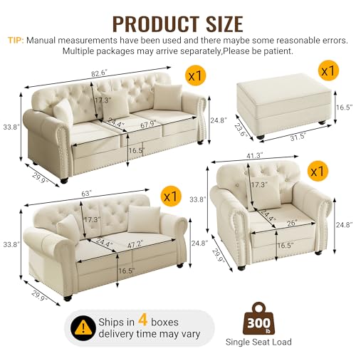 Image of KEIKI 3-Piece Chesterfield Sofa Set with Nailhead Trim, Rolled Arms, White | 6-Seater Couch Set with 1 Velvet 3-Seater Sofa, 1 Loveseat, 1 Single Sofa, 1 Ottoman, 6 Pillow, for Living Room