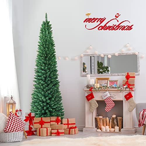 GYMAX 5FT 6FT 7FT 8FT Green Pencil Slim Christmas Tree, Artificial Traditional Xmas Tree, Indoor Outdoor Christmas Decoration (240 cm/8 ft)