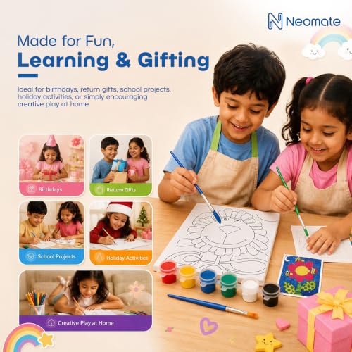 Image of Neomate Canvas Painting Kit for Kids | DIY Painting Set with 3 Printed Canvas, 6 Acrylic Paint Pots & Brush | Art and Craft Kit, Paint Kit for Kids, Birthday Gift, Return Gift, Creative Activity Set