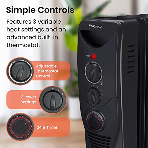 Pro Breeze® 2500W Oil Filled Radiator, 11 Fin - Portable Electric Heater - Built-in Timer, 3 Heat Settings, Adjustable Thermostat, Safety Cut-Off & 24 Hour Timer - Black Pro Breeze® 2500W Oil Filled Radiator, 11 Fin - Portable Electric Heater - Built-in Timer, 3 Heat Settings, Adjustable Thermostat, Safety Cut-Off & 24 Hour Timer - Black