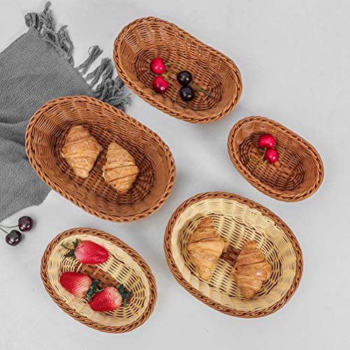 Yarlung Set Of 3 Oval Woven Breads Baskets, Small Stackable Poly Wicker Fruit Baskets For Serving Vegetables, Kitchen, Restaurant, Outdoor, Imitation Rattan Brown, 3 Sizes #TOP5