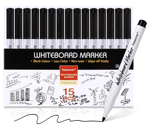 Reaeonat Black Whiteboard Markers 15 Pack Dry Erase 0.7mm Fine Tip White Board Pens Ink Marker for Home Office Uses
