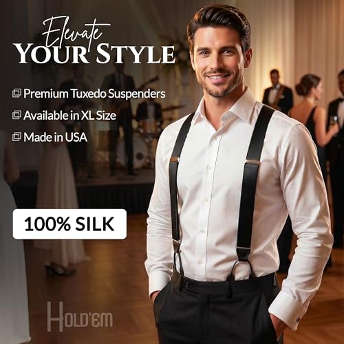 Image of HOLD'EM Tuxedo Suspenders Formal Black 100% Silk Made in USA Button Suspenders for Men Wedding Tux Suspenders for Men