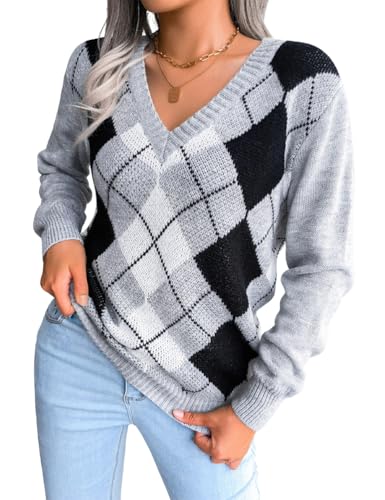 IDEALSANXUN Womens Checkered Sweater Fall Winter V Neck Long Sleeve Argyle Knitted Sweater Tops