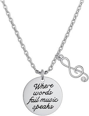 Music Necklace Silver Pendant Engraved Where Words Fail Music Speaks with Treble Clef Charm Gift for Musicians, Singers, and Music Lovers