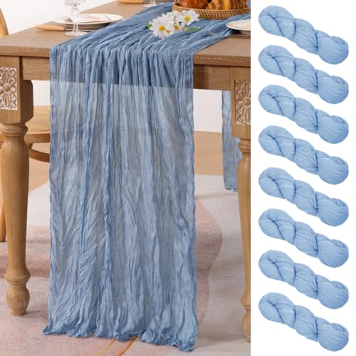 Image of MLMC 8 Pack Dusty Blue Table Runner 10ft Boho Gauze Cheesecloth Table Runner 35x120 Inches Rustic Cheese Cloth Centerpiece for Wedding Bridal Shower Baby Shower Party Decor