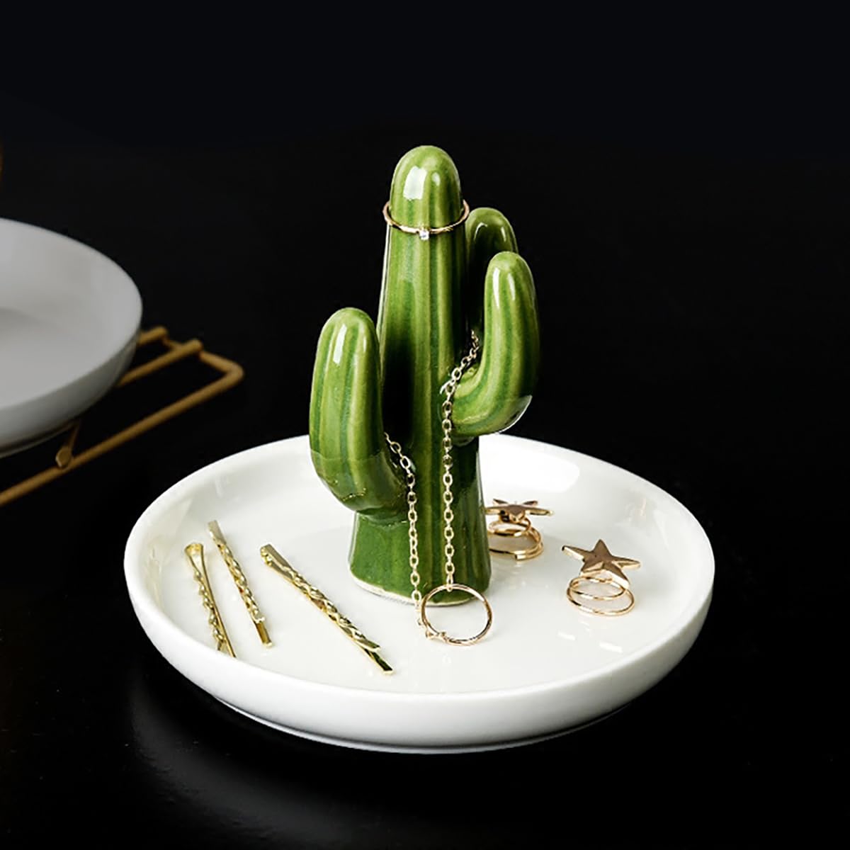 Lot De 2 Plateaux à Bijoux En Céramique Forme Cactus | Vert Et Doré - Dimensions 13x13x10 Cm | Pour Rangement Alliances, Bagues, Petits Bijoux