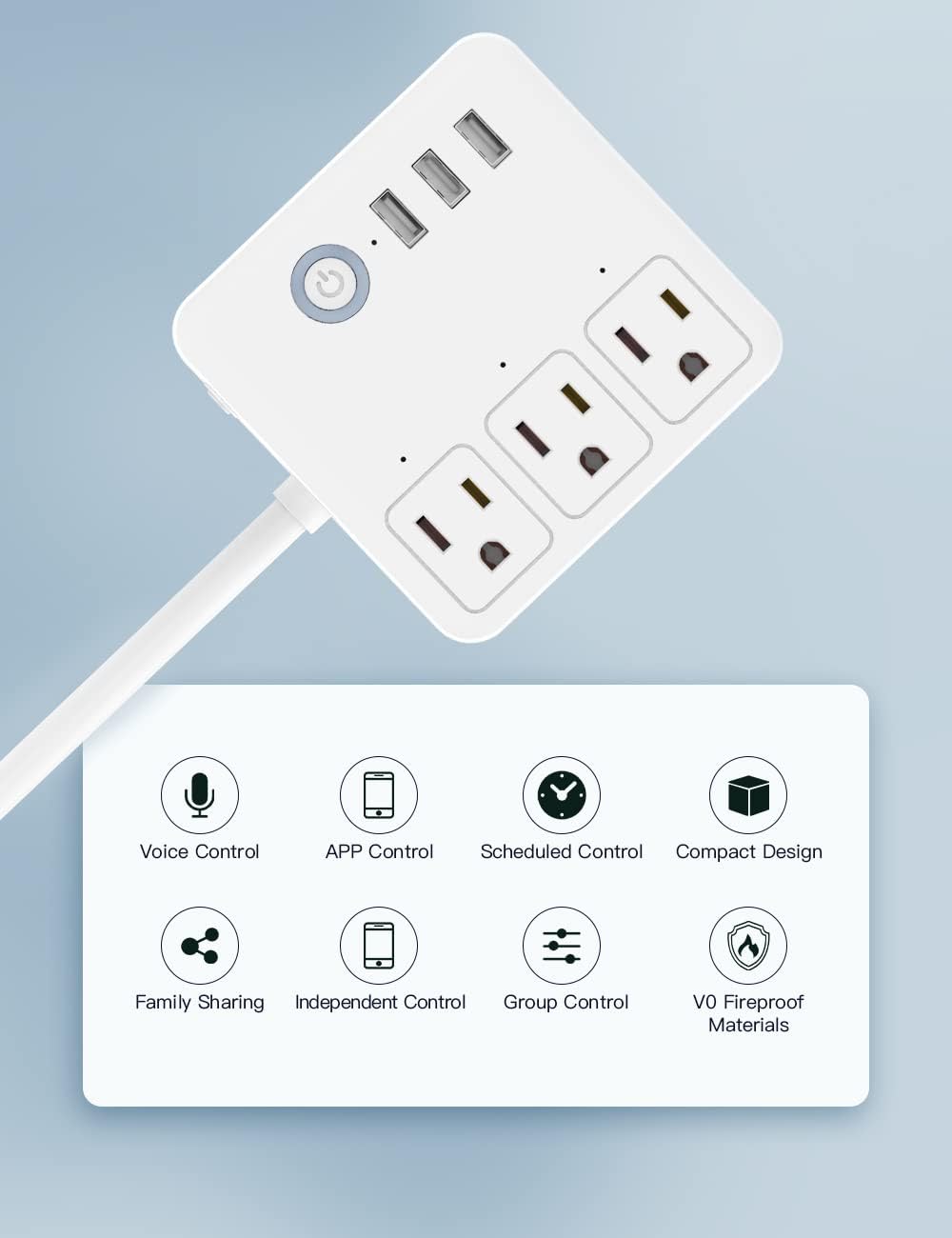Diagram illustrating the key features of the Maxcio Smart Power Strip, including Voice Control, APP Control, Scheduled Control, Compact Design, Family Sharing, Independent Control, Group Control, and V0 Fireproof Materials.