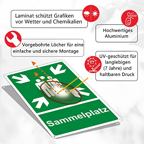 Sammelplatz Schild Ausenbereich Alu,Sammelstelle Sammelpunkt Schild außen Außenbereich Nachleuchtend wasserdicht UV-Schutz mit vorgebohrten Löchern 20x30cm