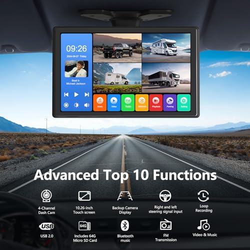 Image of 4 Channel Backup Camera System,Touchable 10.26 inch Monitor with DVR Stereo, 64GB Card, IP69 Waterproof, Nightvision 1080P Backup Camera for RV /Truck /Trailer Pickup,Rear Side Front Wired System