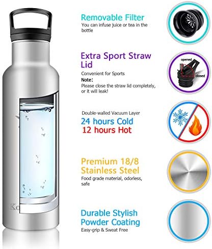 KollyKolla Stainless Steel Water Bottle with Straw, 500ml, Girls Boys Insulated Water Bottle, BPA-Free Vacuum Metal Drinks Bottles, Leakproof, Reusable Flask for Kids, Adults, Sports, Bike, Travel