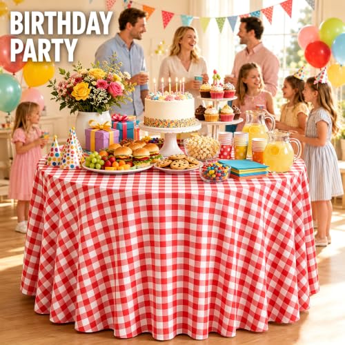Image of WNINK 4 Pack Red Gingham Round Tablecloth, 84 Inch Disposable Plastic Table Covers, Red Checkered Round Table Cover for Birthday Parties, Holiday, Picnic, BBQ, Family Gathering Party Supplies
