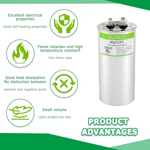 SIGANDG 80uF 80 MFD 370V or 450V CBB65 Run Start Capacitor 80 uF 370 450 Volt VAC for Condenser Straight Cool or Heat Pump Air Conditioner - Thumbnail 5
