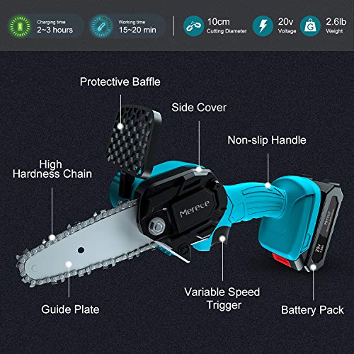 Merece 4 Inch Mini Chainsaw 20v 1.5Ah Cordless Electric Chainsaw Battery Chain Saw, 1.1KG One Hand Chainsaw for Garden Bush Tree Branch Pruning Shears Wood Cutting