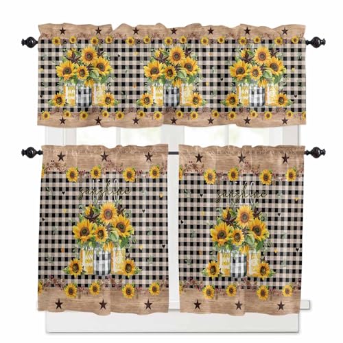 Sunflower Kitchen Curtains 36 Inch Length, 3 Piece Rod Pocket Small Half Tiers and Valance Set, Black White Plaid Farmhouse Stars Small Large Window Treatment Decor for Bedroom/Bathroom Sink