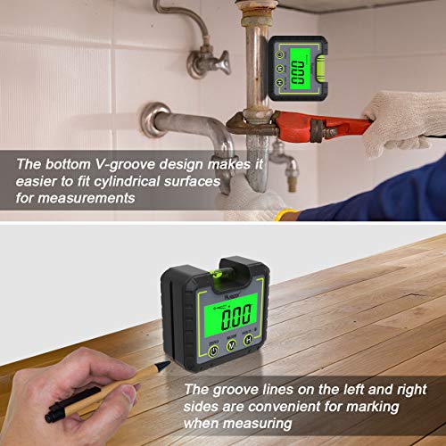 Huepar Digitale Wasserwaage Mini Elektronischer Winkelmesser Digital Level Box mit V-Nut Magnetfuß & Hintergrundbeleuchtung LCD Fasenlehre Neigungsmesser für Schreinerei, Baugewerbe, 0~360° AG01