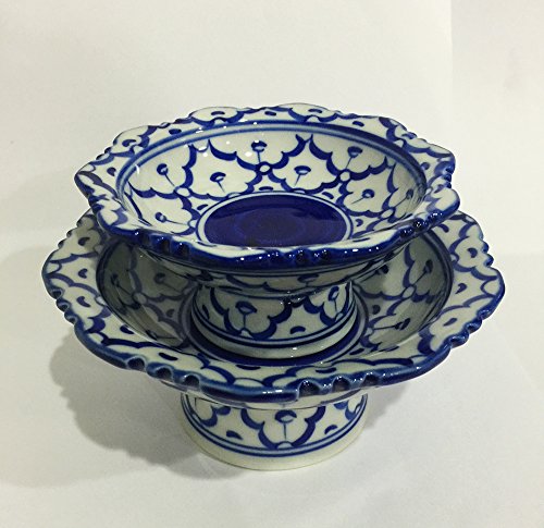 Hand Painted Footed Plate Siamese Traditional Porcelain Multifuntional Plate White and Blue