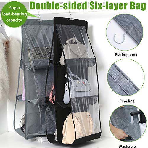 Image of Hanging Handbag Organizer for Closet | Space Saving Purse Storage | 6 Transparent Pockets | Wardrobe & Door Hanging Bag Organizer (2 Pcs Grey+Black)