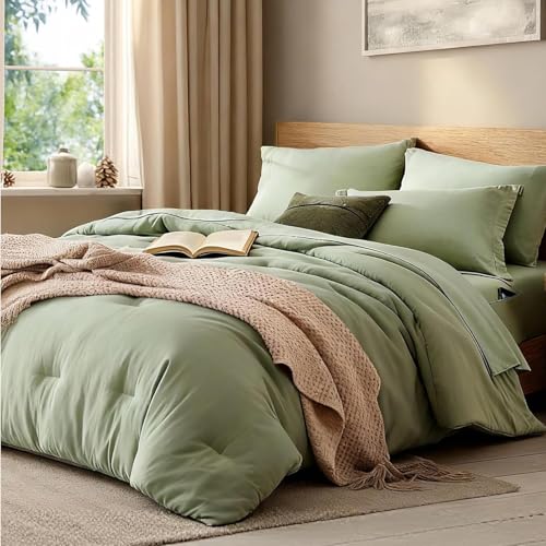 Image of Oversized King Size Comforter Set- 7 Pieces Bed in a Bag King Bedding Sets | Prewashed All Season Comforter with Sheets, Pillow Shams & Pillowcases,Sage Green