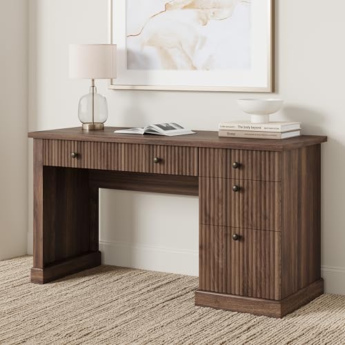 GAOMON 54'' Fluted Home Office Desk with Storage, Modern Executive Desk with Charging Station, Wooden Computer Desk with Drawers for Storage File, Wri