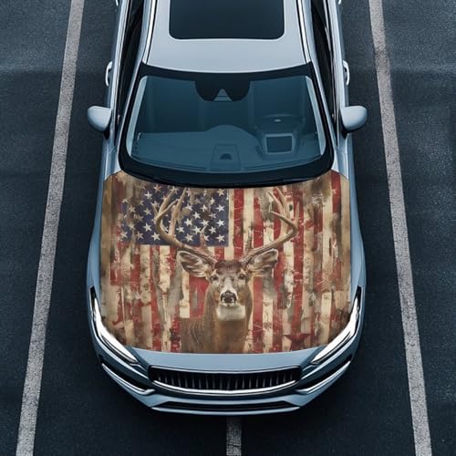 Image of Deer American Flag Car Hood Cover for Compact Car SUV Truck Minivan, Waterproof Automotive Exterior Accessories 59x39 Inch Stretchable Patriotic Decorations