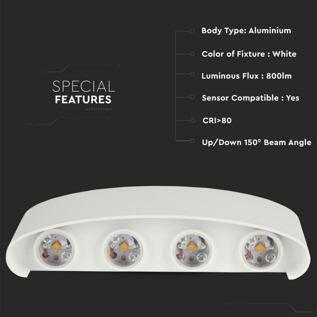 LEDLUX LD8617 Applique Led Da Parete 8W 8X1W Carcassa Bianca Doppio Illuminazione Up-Down e Indiretto Con Angolo Luce 150 Gradi IP54 Interno Esterno (Bianco Caldo 3000K)