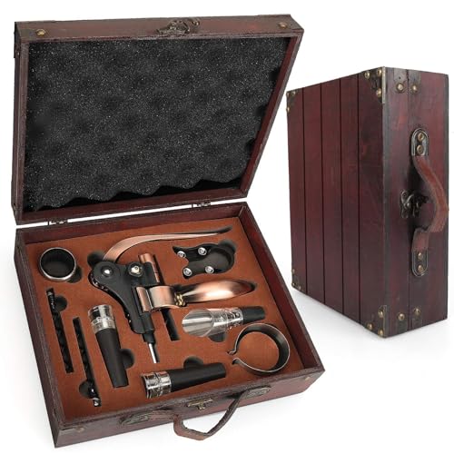 cailion Set di cavatappi da Vino con Scatola in Legno Antico, Set da Sommelier con cavatappi, Set di Accessori da Vino, Set di cavatappi con Testa di Coniglio, Anelli salvagoccia (Antike kiste2)