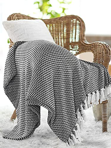 Image of SASHAA WORLD Chevron Throw Blanket Handwoven with Fringes | Throw for Living Room, Bed, XL Sofa & Chair | Black Throw Blanket | 170x250 cm Pack of 1