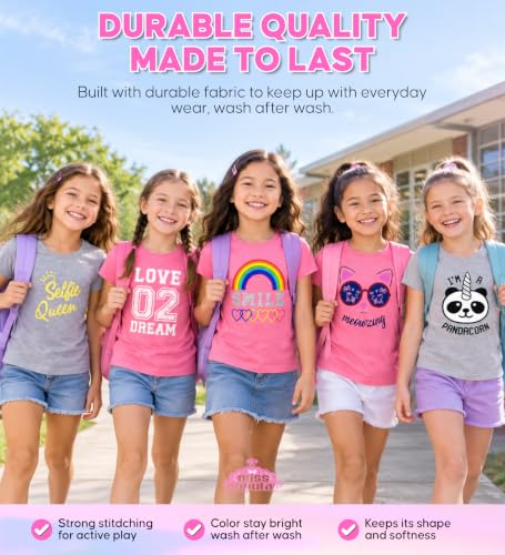 Image of MISS POPULAR Girls 5-Pack Printed T-Shirts, Pink Grey Short Sleeve, Crew Neck. Unicorn, Panda, Selfie, Rainbow. Size 4-16