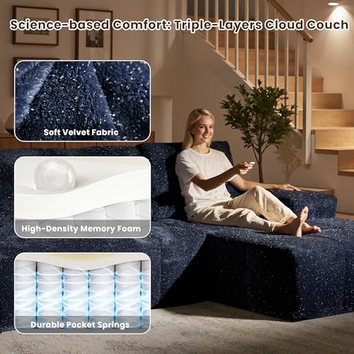 Image of 114 inch Glitter Cloud Sectional Couch with L-Shape Chaise, Modern Boneless Couches for Living Room, Fluffy Tufted Deep Seat Modular Sofa in a Box No Assembly