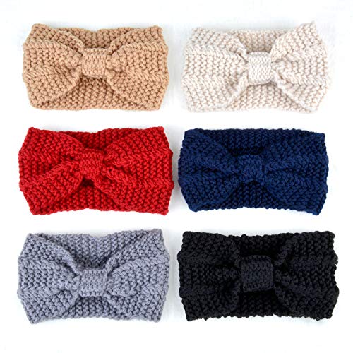 Womens Knit Headband, Fascigirl 6pcs Ear Warmers Winter Wide Bow Pure Color Hair Bands Turban Hair Accessories for women Christmas