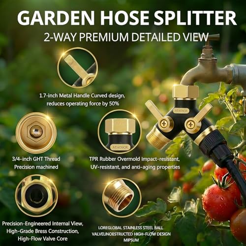 Image of Garden Hose Splitter 2 Way Heavy Duty, Metal Body Water Hose Splitter | with Shut-Off Valve,360 Brass Swivel,3 /4'' GHT Connector Full Flow Hose Bib Splitter, For Outdoor Spigot Faucet