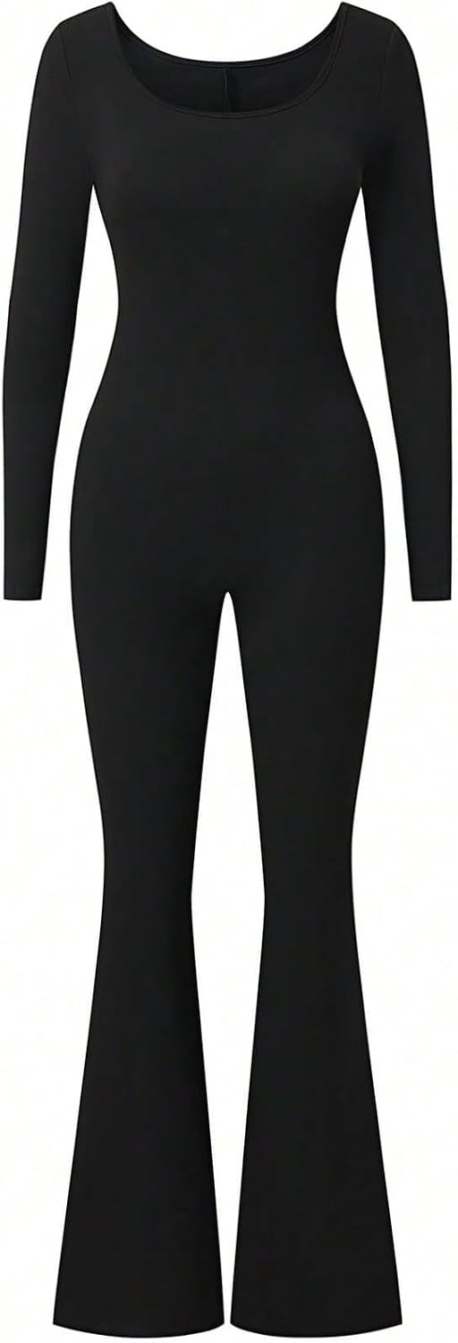 MakeMeChic Women's Maternity Jumpsuit Scoop Neck Long Sleeve Flare Leg Yoga Leggings Romper