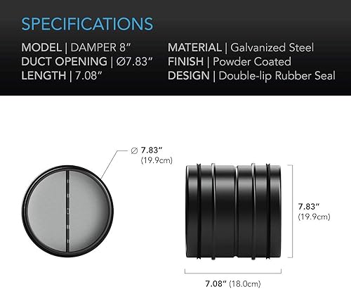 Miniatura 4 de AC Infinity Amortiguador de corriente trasera de 8 pulgadas, inserto de conducto de flujo de aire unidireccional con cuchillas plegables con resorte